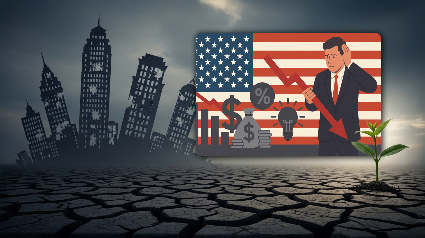 Ilustración del mercado inmobiliario en EEUU con descenso en ventas. Hombre preocupado y flecha roja apuntan a crisis. Recuperación en el sector.