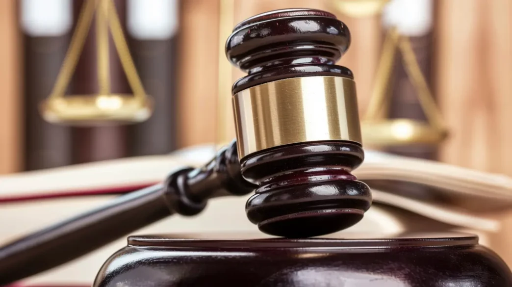 Símbolo legal: mazo de juez y balanza. Implica NOM 247 y competencia desleal en el sector inmobiliario LATAM. PROFECO y bienes raíces.