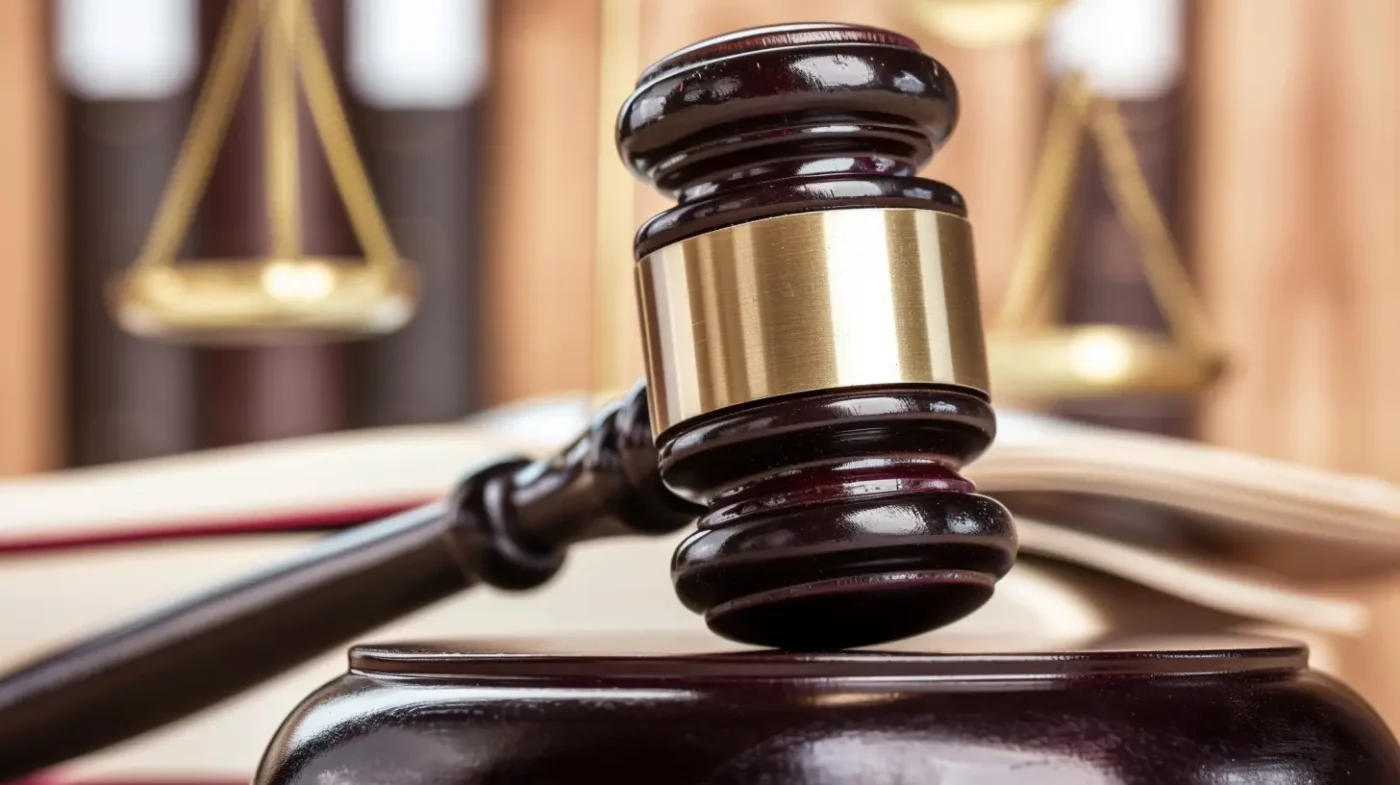 Símbolo legal: mazo de juez y balanza. Implica NOM 247 y competencia desleal en el sector inmobiliario LATAM. PROFECO y bienes raíces.