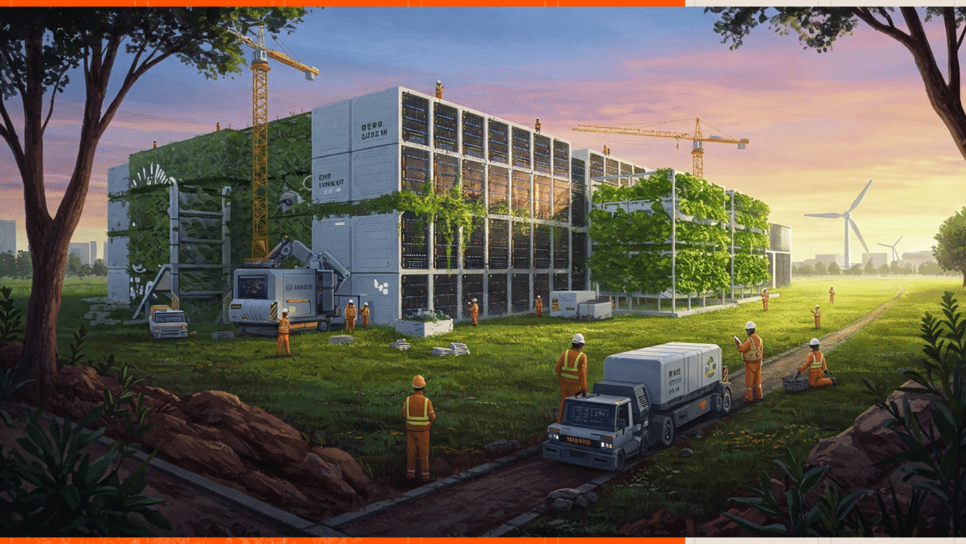 Construcción con IA de Procore: Edificio modular con vegetación, grúas y personal, integrando naturaleza y tecnología. Procore revoluciona la construcción.