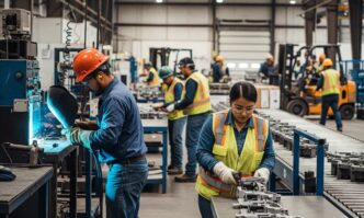 Venue/Architecture

Trabajadores en planta de producción en México. Operarios soldando y revisando piezas en línea de ensamblaje. Impacto en el sector real estate.