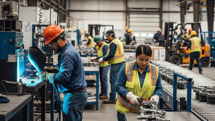 Venue/Architecture

Trabajadores en planta de producción en México. Operarios soldando y revisando piezas en línea de ensamblaje. Impacto en el sector real estate.