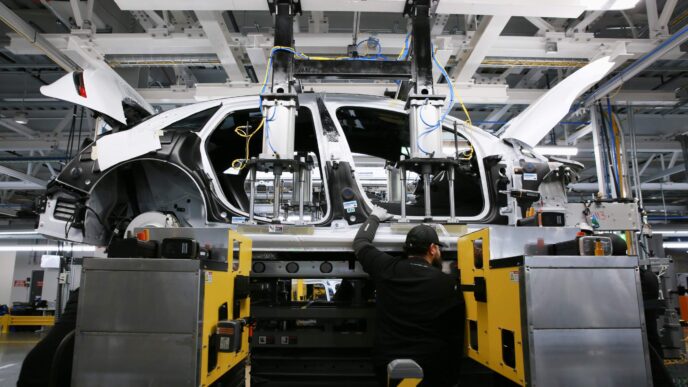 Trabajador en la línea de producción industrial en México de automóviles, reflejando el crecimiento del sector en enero de 2022 según INEGI.