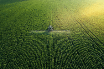 Vista aérea de tractor aplicando fertilizante en campo de fosfatos. Producción sostenible y avance agrícola con tecnología moderna. Imagen verde 125