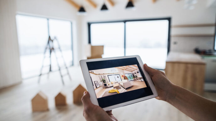 Persona usando una tablet muestra diseño interior moderno, con casas de madera y escalera al fondo. Property Finder impulsa Proptech e inversión Stake.