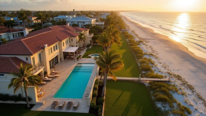 Vista aérea de propiedad comercial en Florida, una mina de oro para inversionistas: mansión con piscina junto a la playa al atardecer.
