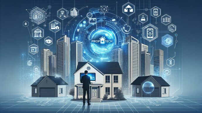 Imagen de PropTech en Tailandia mostrando la modernización inmobiliaria con tecnología avanzada, casas inteligentes y edificios conectados. Innovación digital.