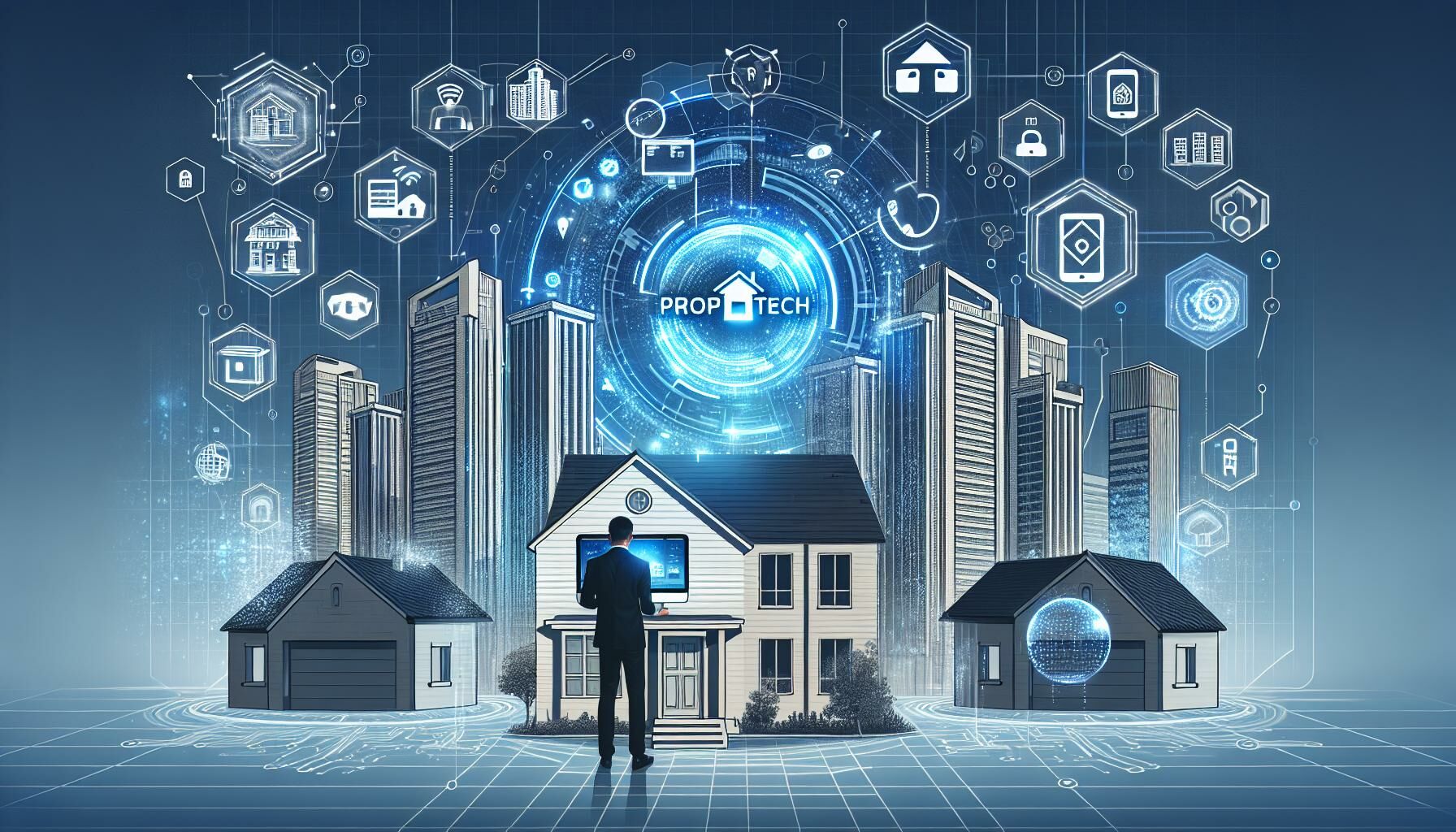 Imagen de PropTech en Tailandia mostrando la modernización inmobiliaria con tecnología avanzada, casas inteligentes y edificios conectados. Innovación digital.