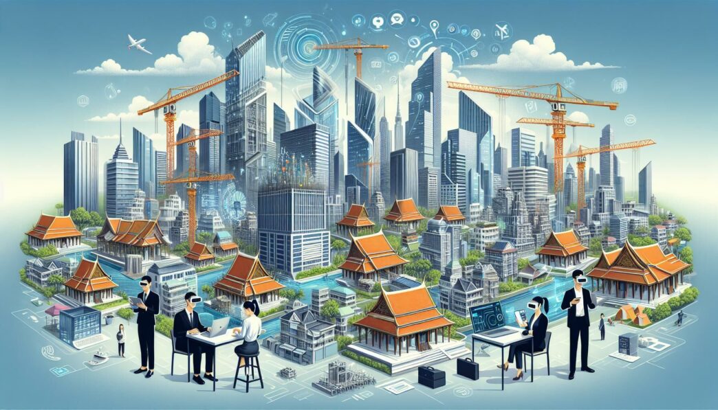 PropTech en Tailandia: Visión futurista del sector inmobiliario con rascacielos, casas tradicionales tailandesas y personas usando realidad virtual.