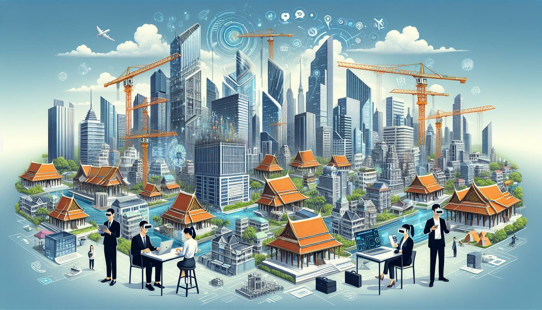 PropTech en Tailandia: Visión futurista del sector inmobiliario con rascacielos, casas tradicionales tailandesas y personas usando realidad virtual.