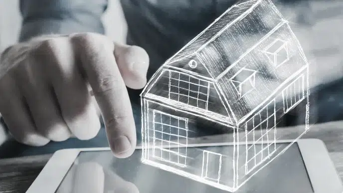 Mano interactuando con diseño digital de casa en tablet. Proptech e IA impulsan el sector inmobiliario y fintech en España. Innovación y tecnología.
