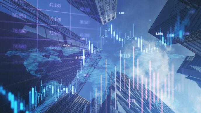 Imagen de edificios con gráficos superpuestos, ilustrando el impacto de Proptech en la optimización de activos inmobiliarios y el análisis de datos.