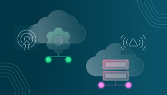 Ilustración SaaS: nubes conectadas con iconos de carga, configuración y servidor. Clave para la protección de infraestructura Real Estate.