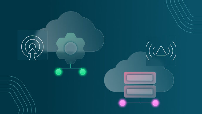 Ilustración SaaS: nubes conectadas con iconos de carga, configuración y servidor. Clave para la protección de infraestructura Real Estate.