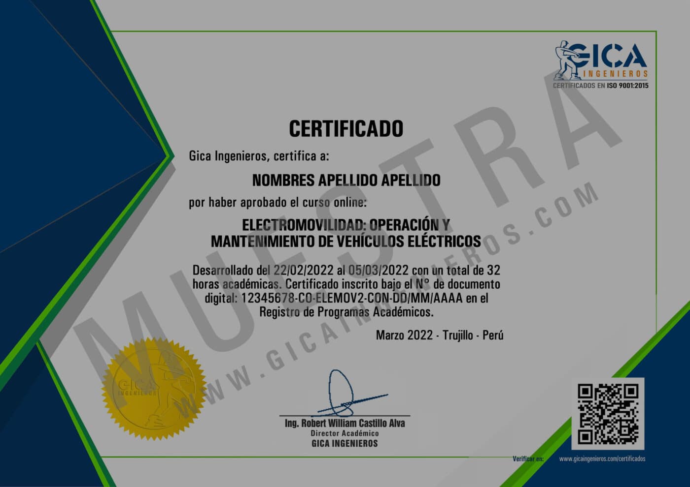 Sponsors/branding.

Certificado de Gica Ingenieros en electromovilidad. El documento avala la capacitación en operación y mantenimiento de vehículos eléctricos.