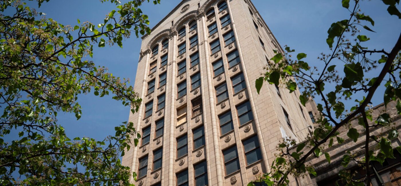 Edificio de oficinas antiguo en CDMX con posible reconversión, visto desde abajo a través de las ramas de los árboles, cielo azul. Beneficios fiscales.