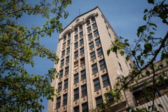 Edificio de oficinas antiguo en CDMX con posible reconversión, visto desde abajo a través de las ramas de los árboles, cielo azul. Beneficios fiscales.