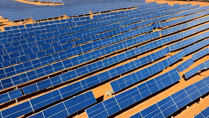Vista aérea de un extenso parque solar en Rajasthan. Paneles azules capturan la energía renovable del sol, impulsando la sostenibilidad regional.