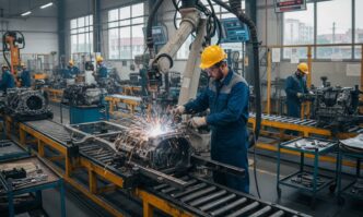 Trabajador soldando en fábrica de Puebla, impulsando el desarrollo de parques industriales en 2024 según Canacintra. Industria y manufactura local.