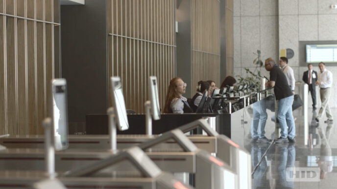 Interior de Puerta Polanco, un edificio inteligente en Ciudad de México, con personal de recepción y torniquetes de acceso de alta tecnología.