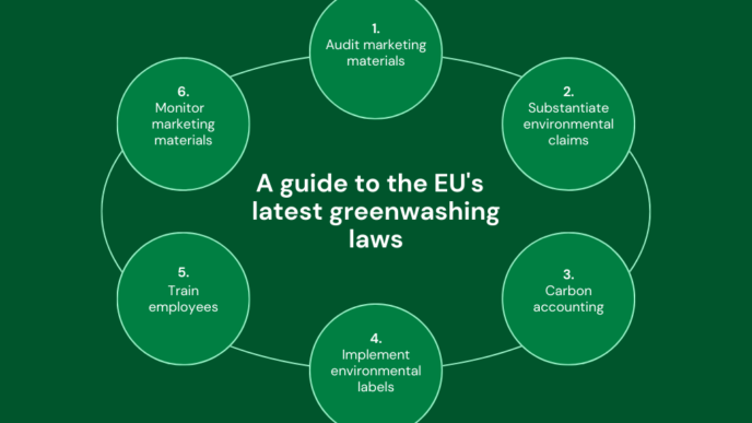 Guía sobre las leyes de la UE contra el greenwashing. Seis puntos clave: auditoría de marketing, justificación ambiental, contabilidad de carbono...