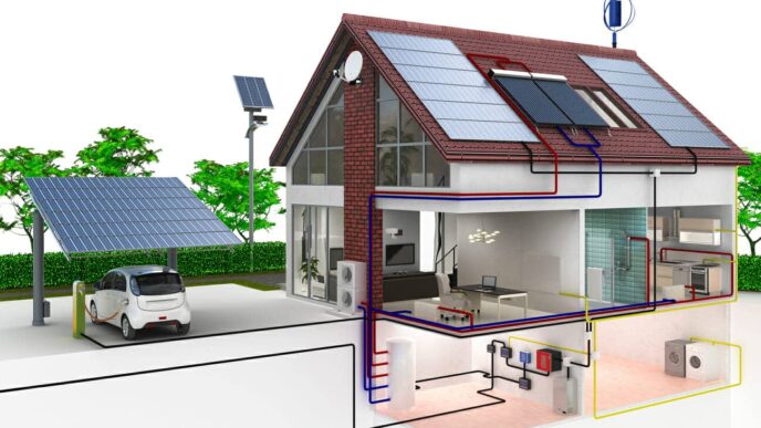 Diagrama de una casa Net Zero con paneles solares, coche eléctrico y sistemas de energía renovable. Edificio energéticamente eficiente y sostenible.