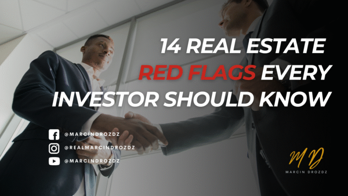 Dos hombres de negocios estrechando manos. Texto: 14 Red Flags inmobiliarias que todo inversor debe conocer. Identifica riesgos en el sector.