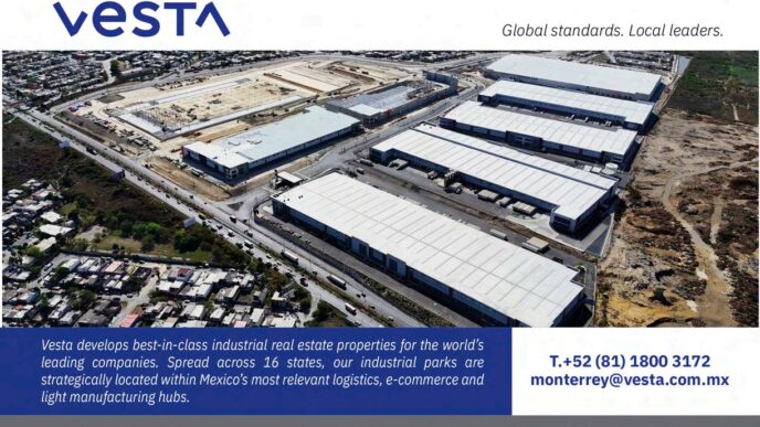 Vista aérea de parque industrial Vesta, líder inmobiliario en Monterrey, México. Espacios logísticos y manufactura para el evento REBS Monterrey.