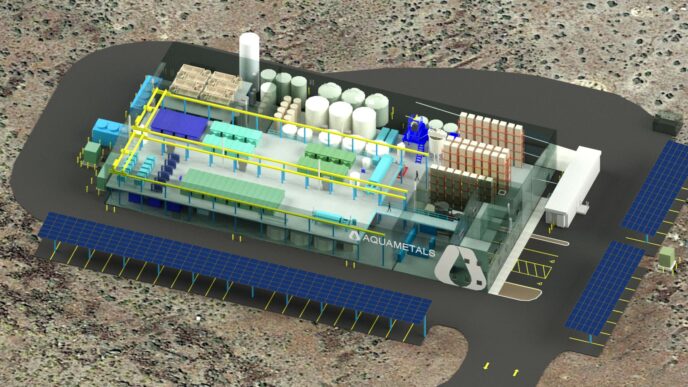 Vista aérea de una planta de reciclaje de baterías de Aquametals, clave en el Real Estate sostenible. Infraestructura moderna con paneles solares.