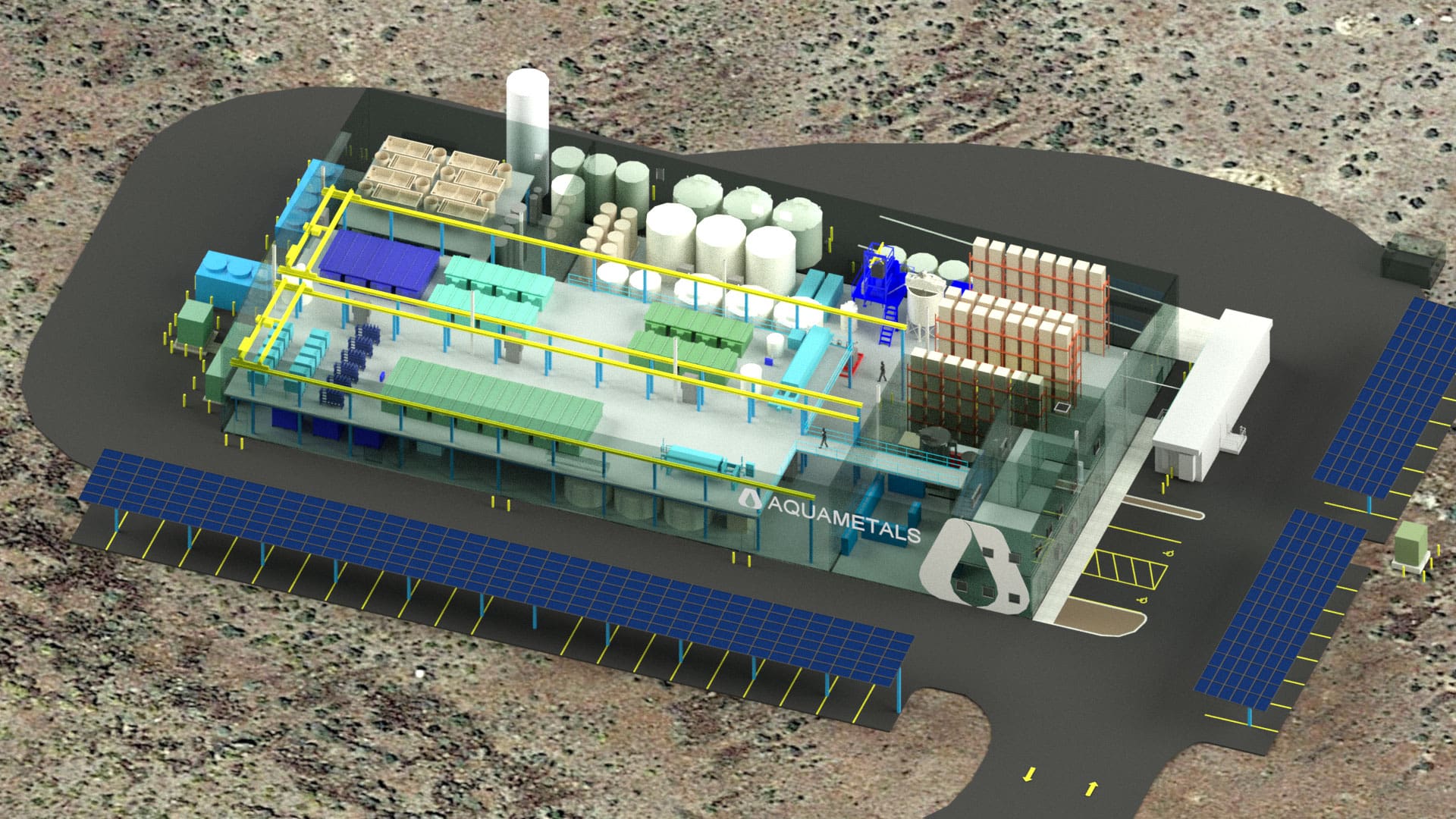 Vista aérea de una planta de reciclaje de baterías de Aquametals, clave en el Real Estate sostenible. Infraestructura moderna con paneles solares.