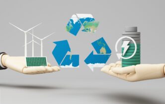 Ilustración de reciclaje de baterías: energía eólica, solar y batería reciclable. Clave para futuro inmobiliario sostenible. Cuidado del planeta.