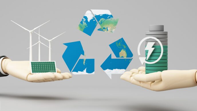 Ilustración de reciclaje de baterías: energía eólica, solar y batería reciclable. Clave para futuro inmobiliario sostenible. Cuidado del planeta.