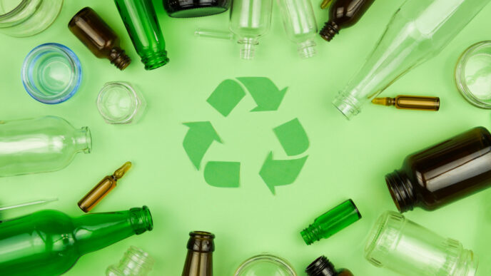 Imagen de reciclaje de vidrio con botellas y símbolo. Foco en innovación sostenible en real estate. Solución ecológica para la construcción.