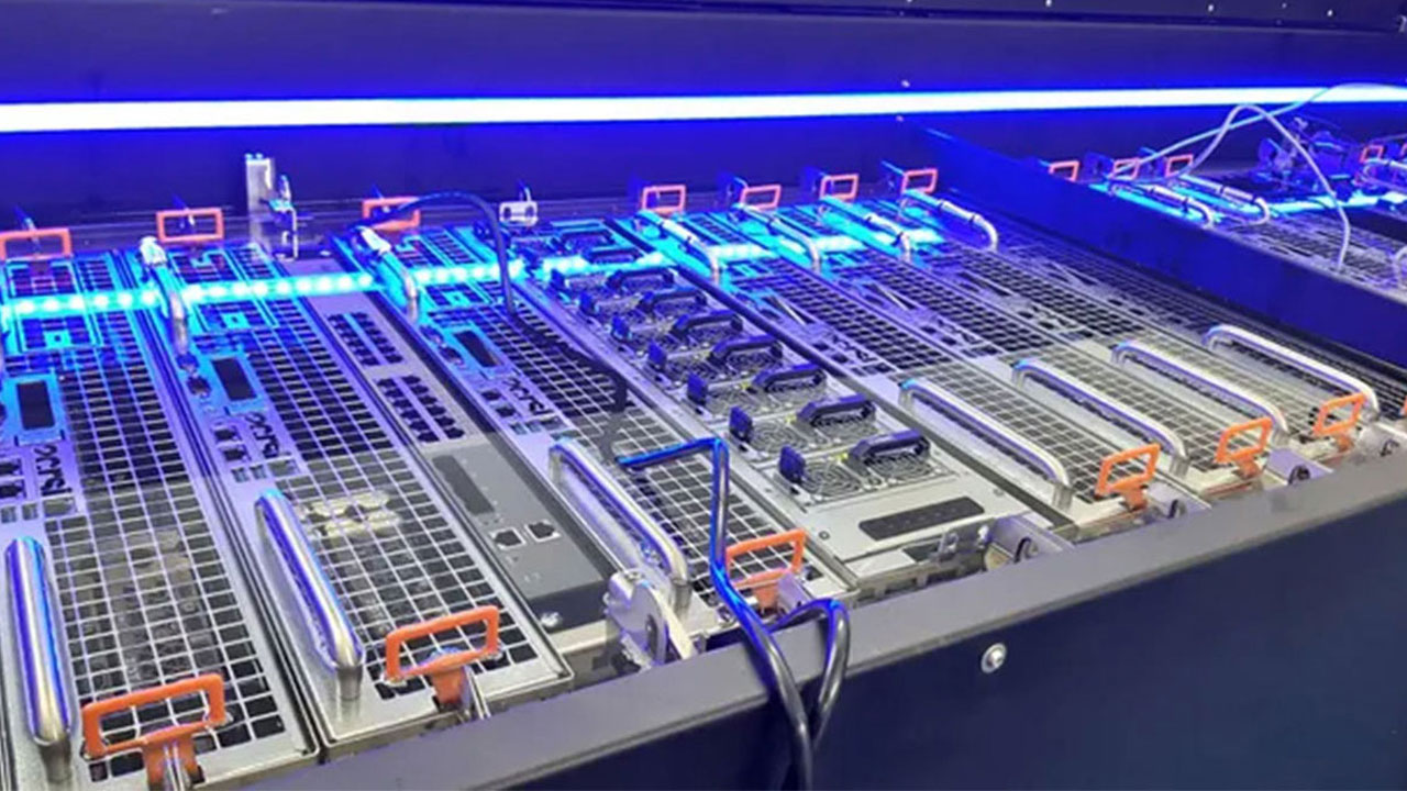 Primer plano de servidores en un sistema de refrigeración por inmersión, innovación sostenible para data centers con iluminación azul intensa.