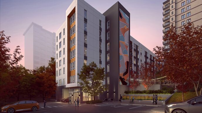 Representación del edificio Park Montgomery West, cuya renovación será financiada por el condado. Fachada moderna con mural artístico llamativo.