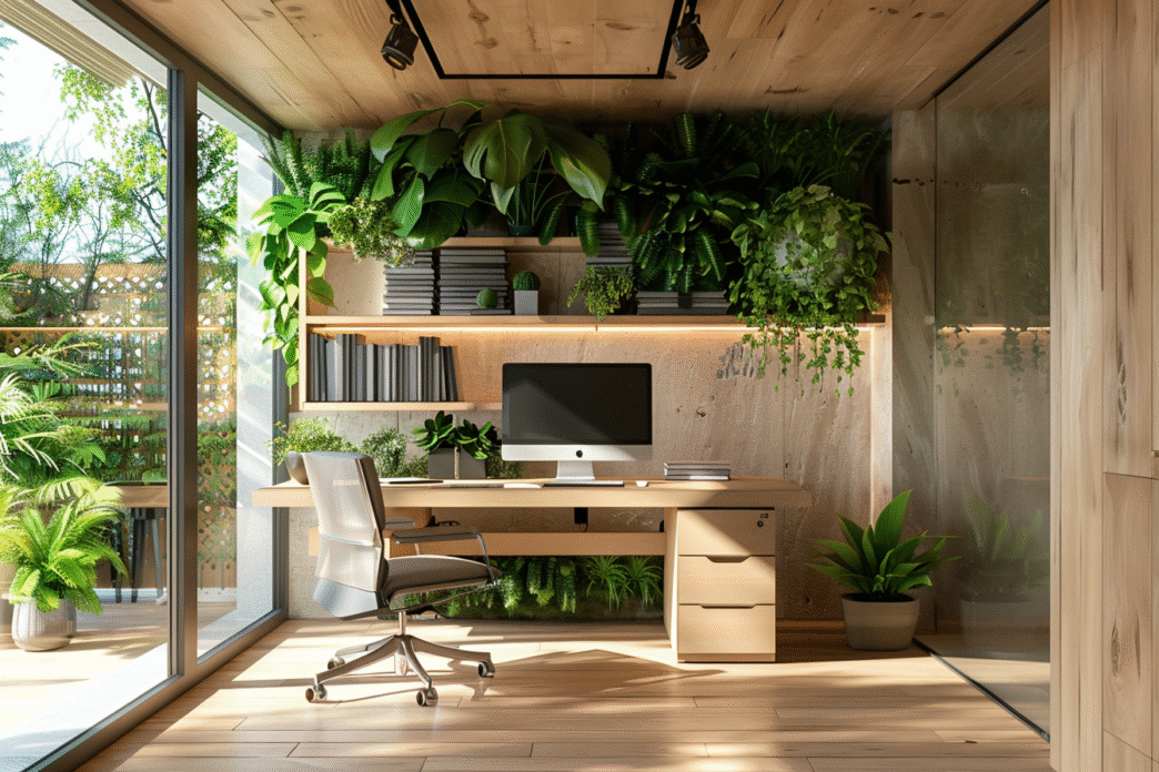 Diseño biofílico de oficina en casa con escritorio de madera, plantas y luz natural. Espacio moderno y sostenible. Inmobiliare Summits real estate.