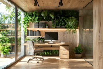 Diseño biofílico de oficina en casa con escritorio de madera, plantas y luz natural. Espacio moderno y sostenible. Inmobiliare Summits real estate.