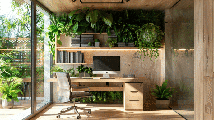 Diseño biofílico de oficina en casa con escritorio de madera, plantas y luz natural. Espacio moderno y sostenible. Inmobiliare Summits real estate.