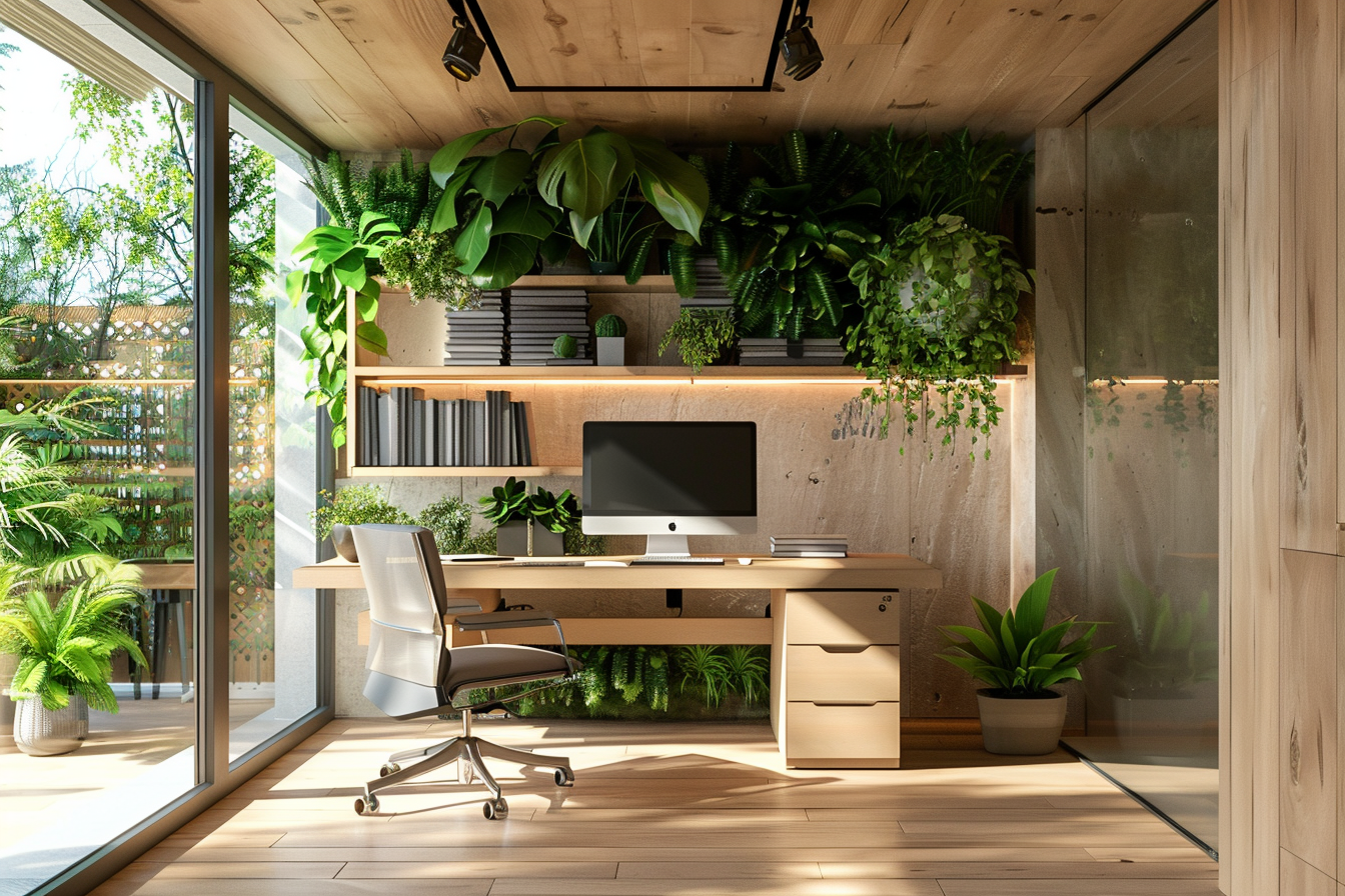 Diseño biofílico de oficina en casa con escritorio de madera, plantas y luz natural. Espacio moderno y sostenible. Inmobiliare Summits real estate.