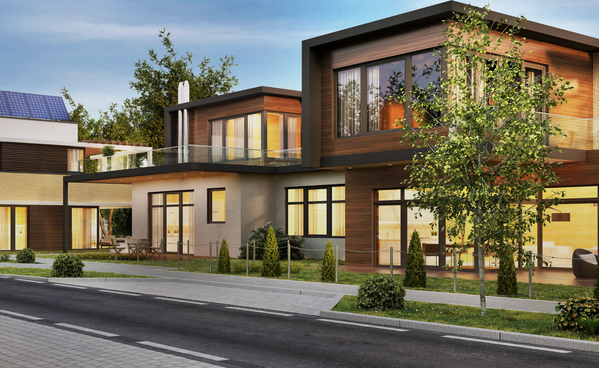 Venue/Architecture.

Diseño arquitectónico moderno de viviendas con paneles solares. Hipoteca Verde, nuevo crédito de vivienda de Santander. Inmobiliare Summits.