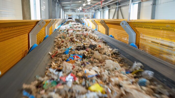 La imagen muestra una cinta transportadora llena de residuos en una planta de reciclaje. El proceso de clasificación de basura en movimiento.