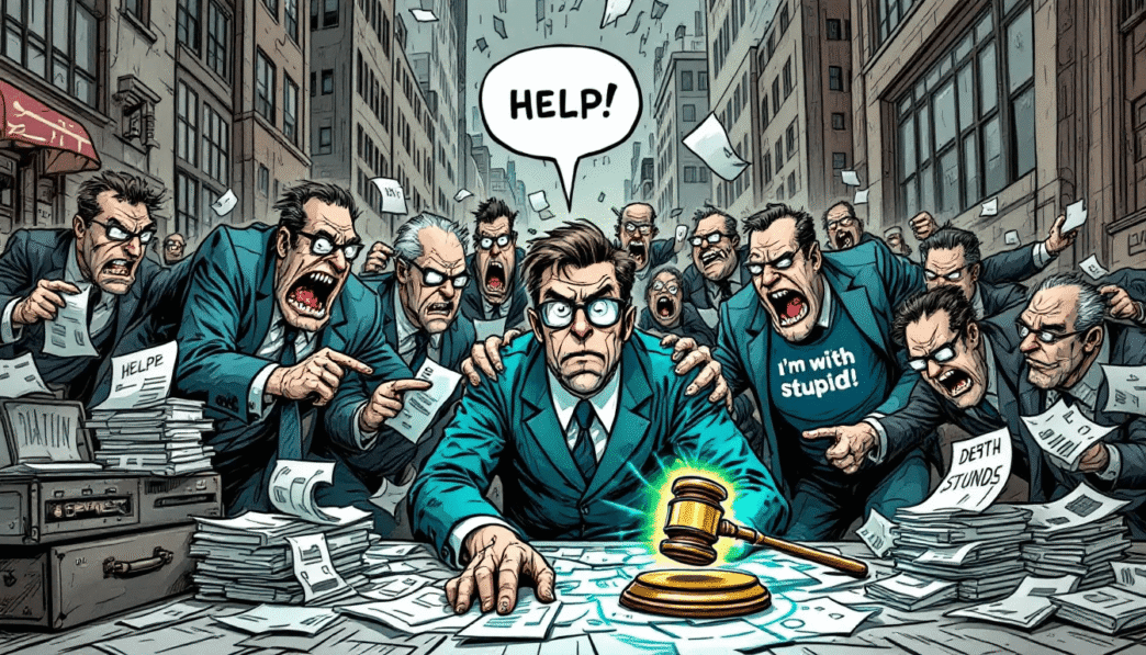 Ilustración satírica sobre la presión en el sector inmobiliario. Representa desafíos en conferencias y financiamiento en LATAM. #RealEstate #Mexico