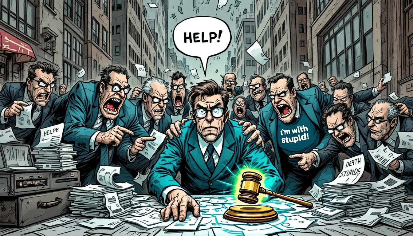 Ilustración satírica sobre la presión en el sector inmobiliario. Representa desafíos en conferencias y financiamiento en LATAM. #RealEstate #Mexico