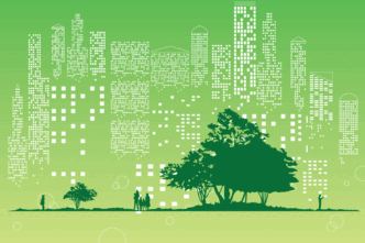 Ilustración de ciudad con edificios y árboles verdes, representando los retos de las FIBRA's para alcanzar el Net Zero y sostenibilidad urbana.