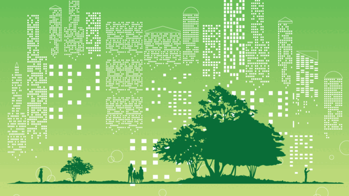 Ilustración de ciudad con edificios y árboles verdes, representando los retos de las FIBRA's para alcanzar el Net Zero y sostenibilidad urbana.