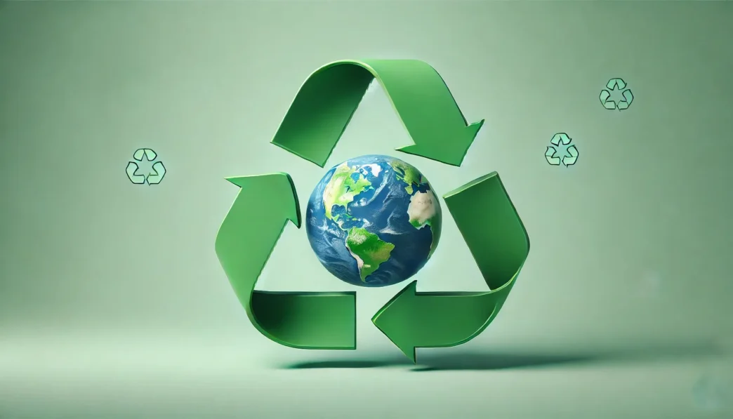 Símbolo de reciclaje con globo terráqueo. Iniciativa sostenible en Inmobiliare Summits. Compromiso ambiental en el sector de real estate.