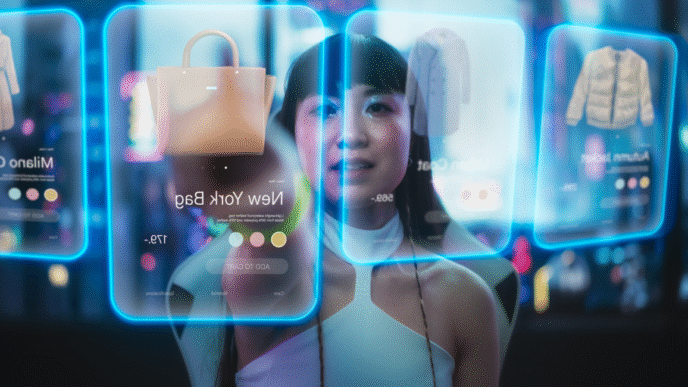 Mujer compra con IA: abrigos y bolso 'New York' en pantallas futuristas. Retail inteligente y datos al servicio del consumidor, experiencia avanzada.