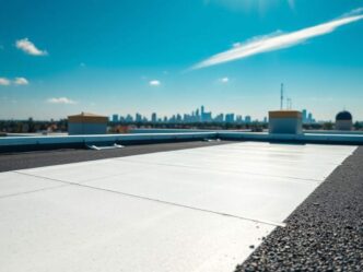 Vista de un tejado blanco con grava, cielo azul y horizonte urbano lejano. Refleja innovación en refrigeración verde y construcciones sin electricidad.