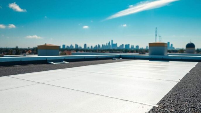 Vista de un tejado blanco con grava, cielo azul y horizonte urbano lejano. Refleja innovación en refrigeración verde y construcciones sin electricidad.