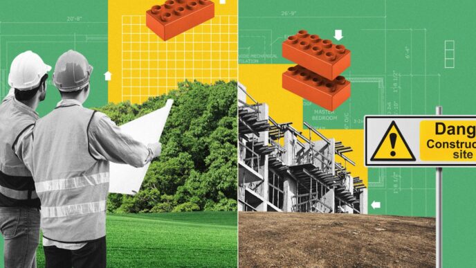 Riesgos en cinturones verdes: Dos constructores revisan planos junto a un terreno verde y obra en construcción. Ladrillos simbolizan edificación.